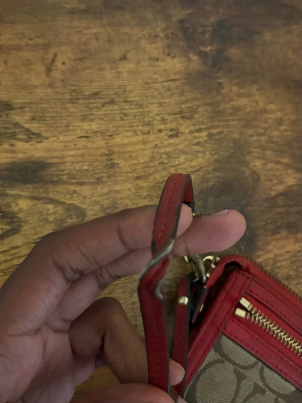 Coach Brown Signature Canvas Wristlet with Red Leather Trim